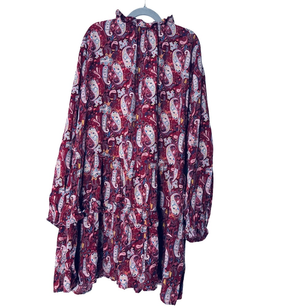 Easel Los Angeles Burgundy Paisley Tiered Boho Mini Dress Tassel Tie Small